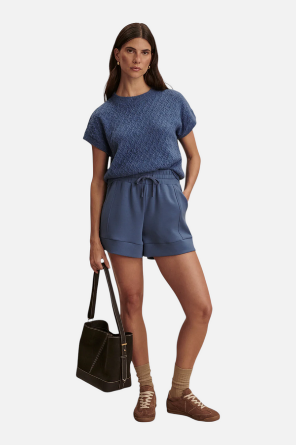Varley Manae Pointelle Knit Top in Bijou Blue