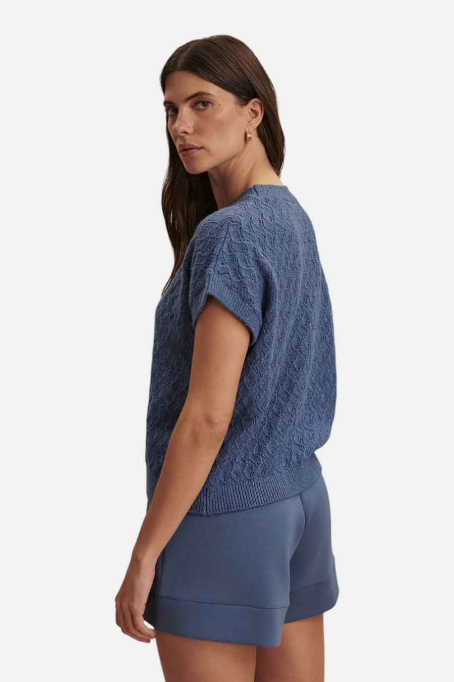 Varley Manae Pointelle Knit Top in Bijou Blue – side view