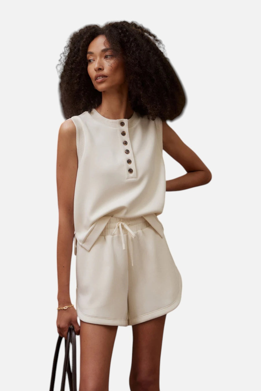 Varley Marla Button Placket Tank in Pristine – on model