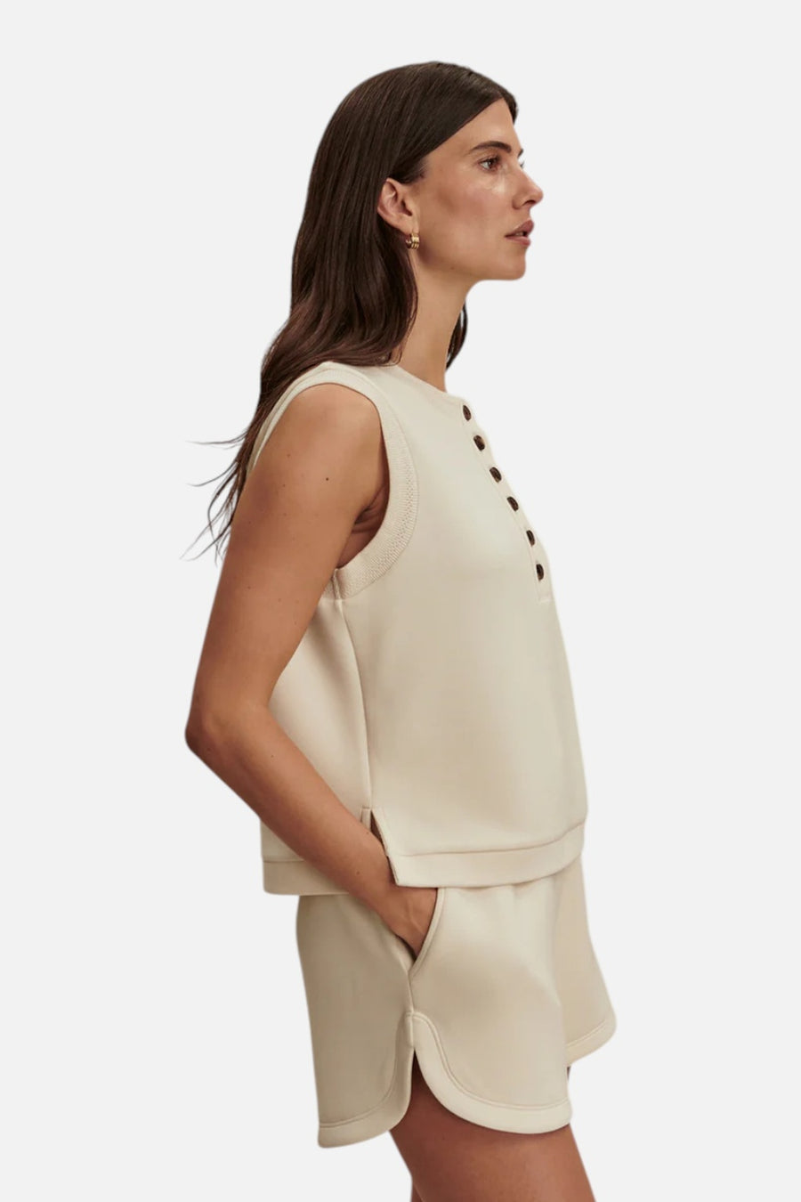 Varley Marla Button Placket Tank in Pristine – on model