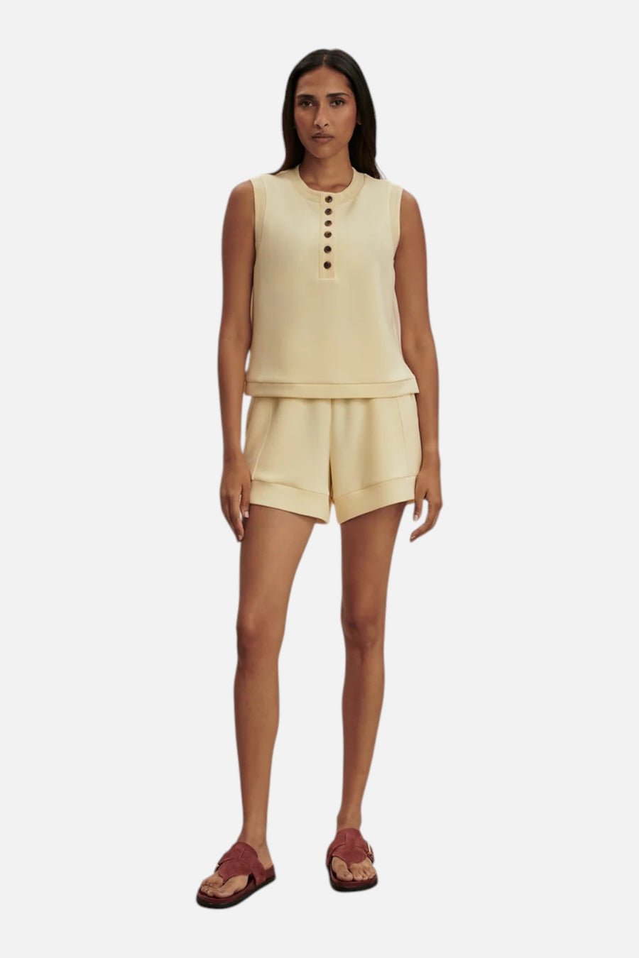 Varley Marla Button Placket Tank Top in Anise Flower – on model