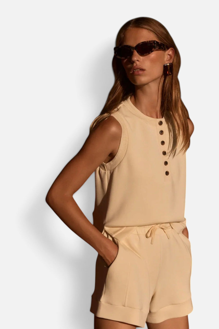 Varley Marla Button Placket Tank Top in Anise Flower – on model