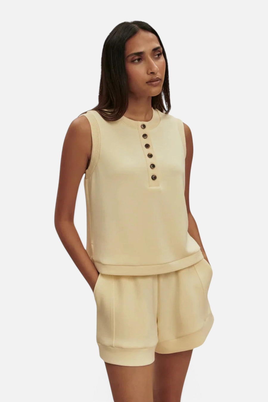 Varley Marla Button Placket Tank Top in Anise Flower – on model