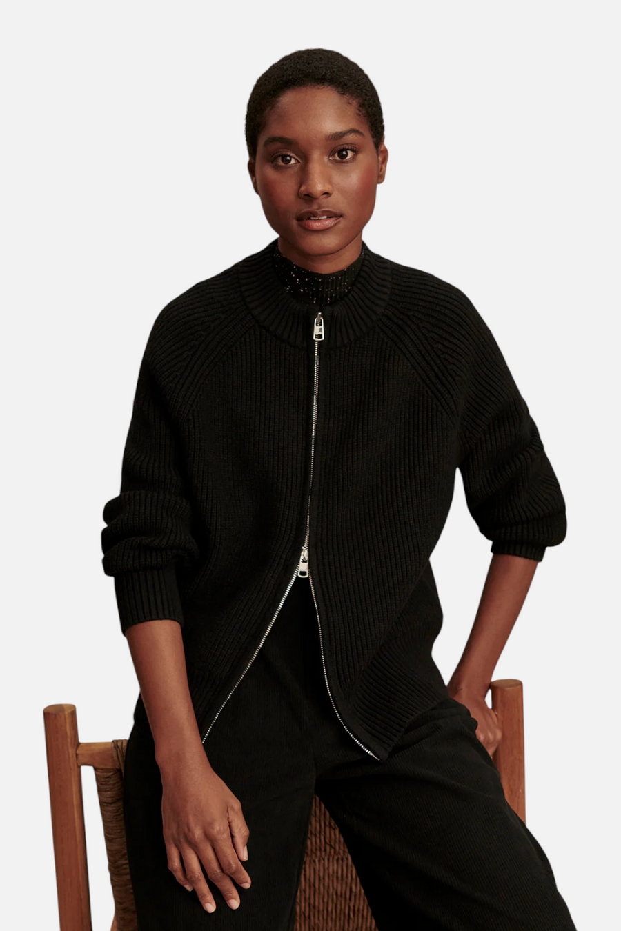 Varley Milo Zip Through Knit Jacket in Black – back view