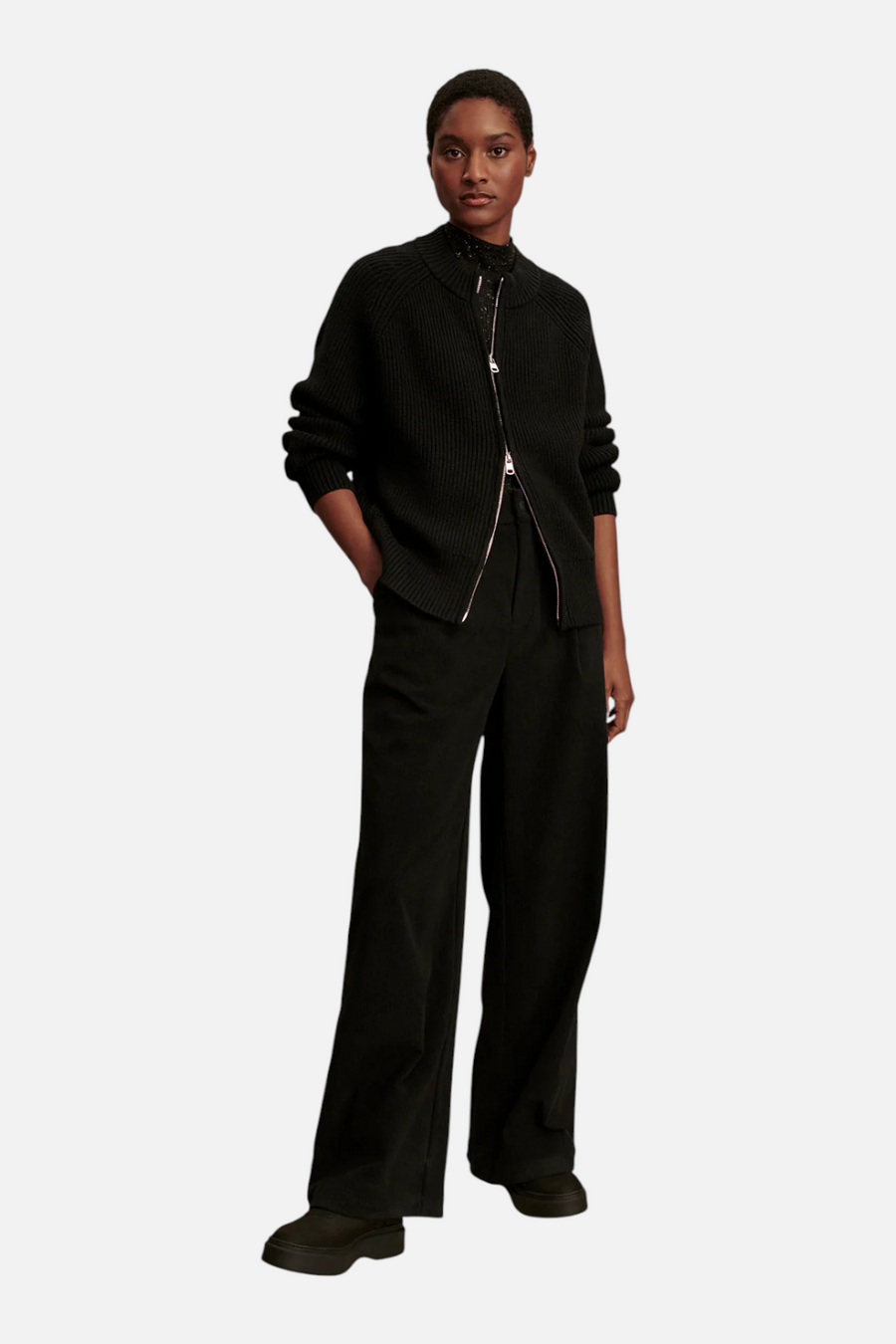 Varley Milo Zip Through Knit Jacket in Black – front view