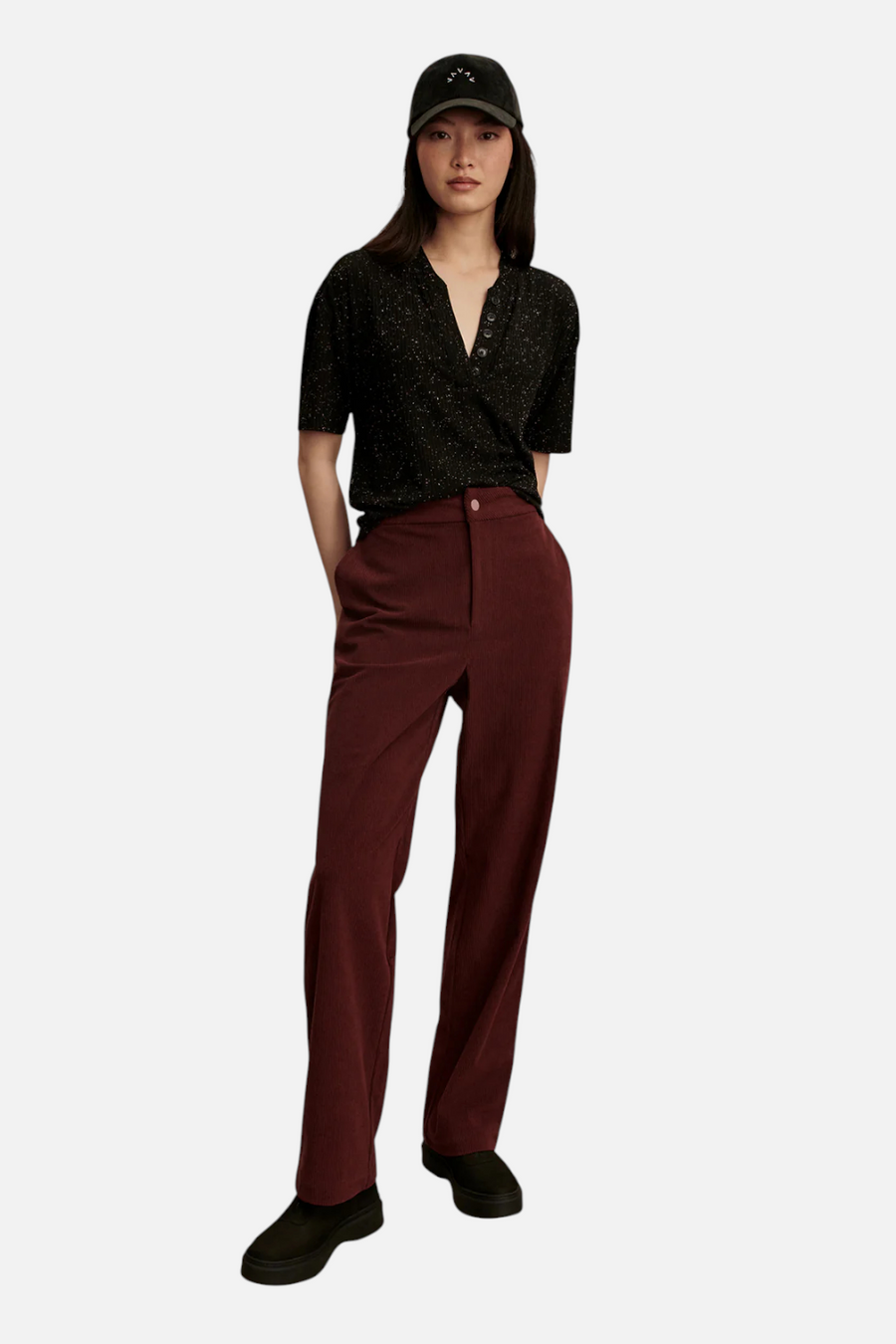 Varley Odette Mock Placket Tee in Black – front view