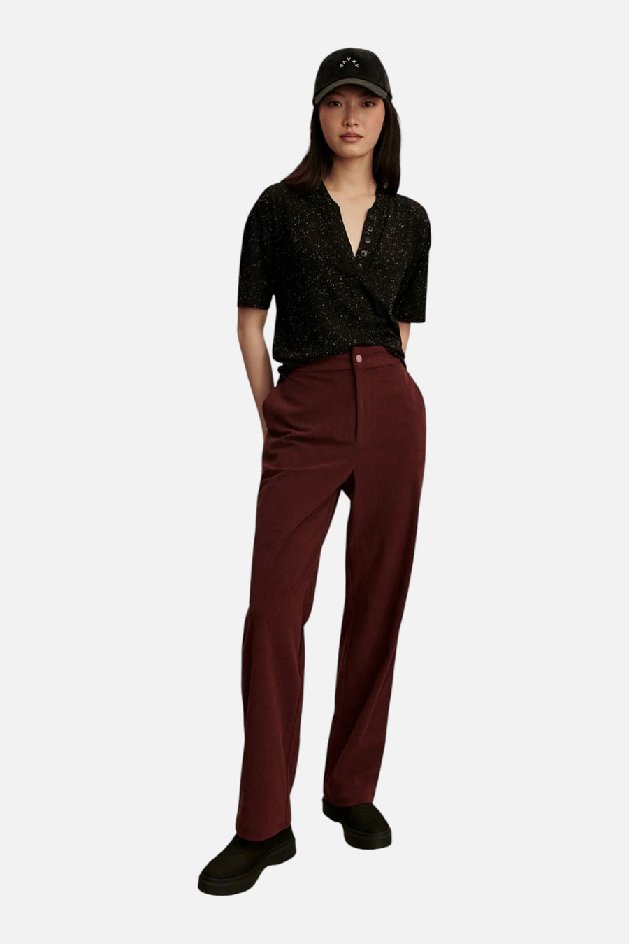 Varley Odette Mock Placket Tee in Black – on model