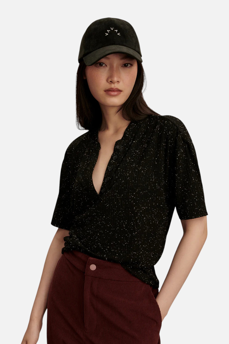 Varley Odette Mock Placket Tee in Black – on model