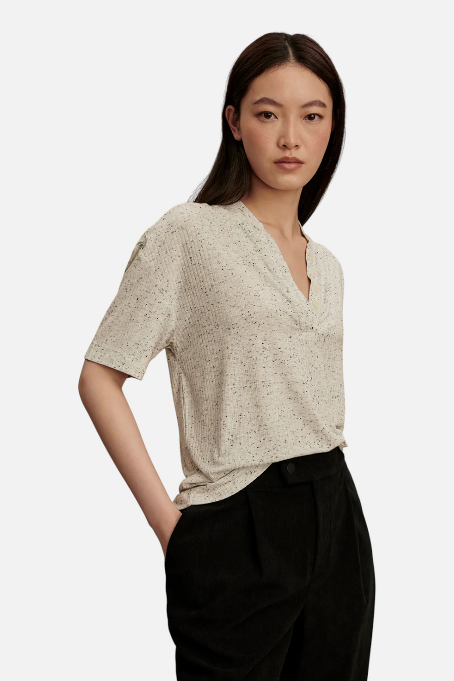 Varley Odette Mock Placket Tee in Egret – back view
