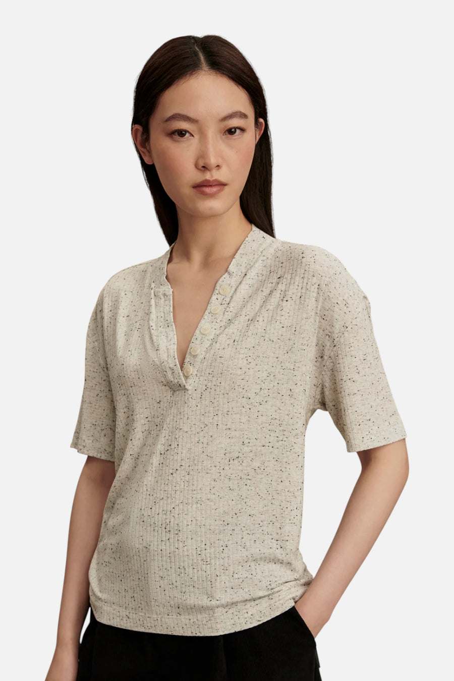 Varley Odette Mock Placket Tee in Egret – on model