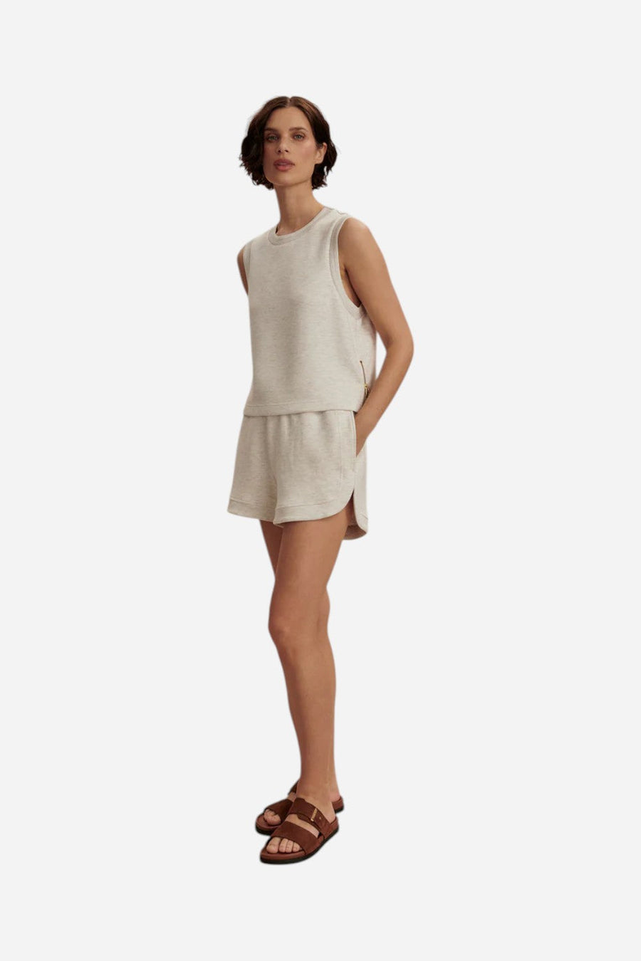 Varley Shea Crop Tank in Ivory Marl – back view