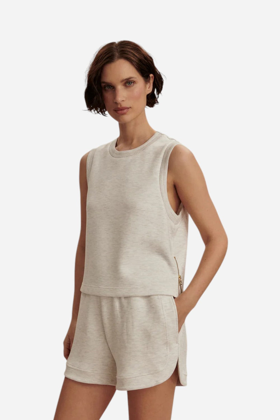 Varley Shea Crop Tank in Ivory Marl – front view