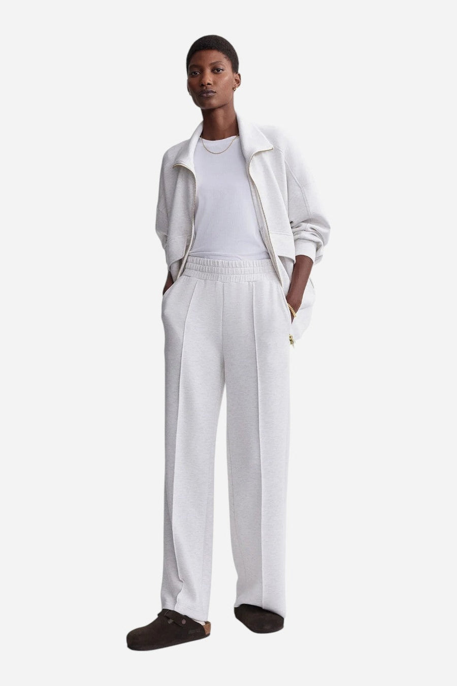 Varley The Wide Leg Pant 28" in Ivory Marl – on model