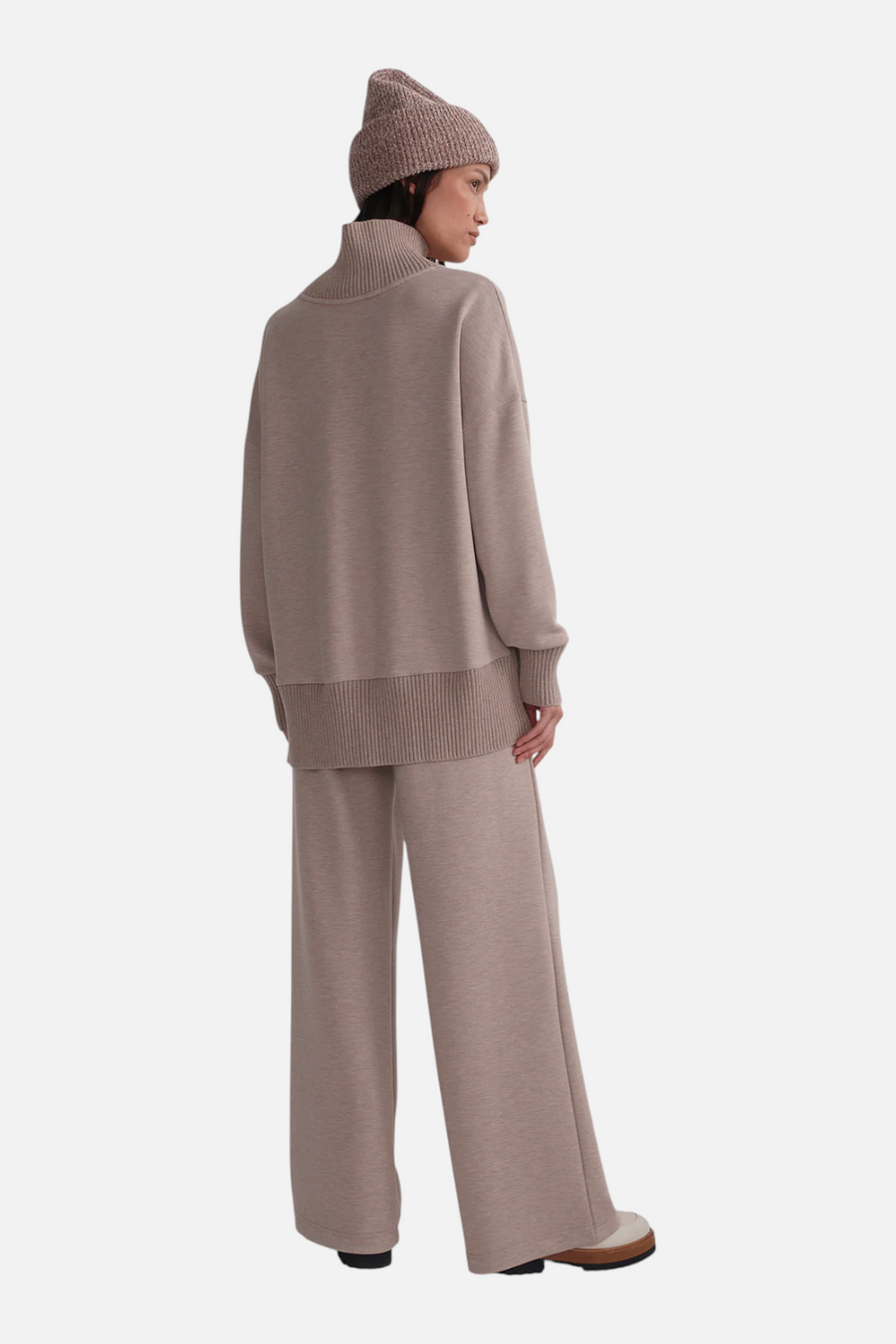 Varley Women's Barker High Neck Sweat in Taupe Marl – back view