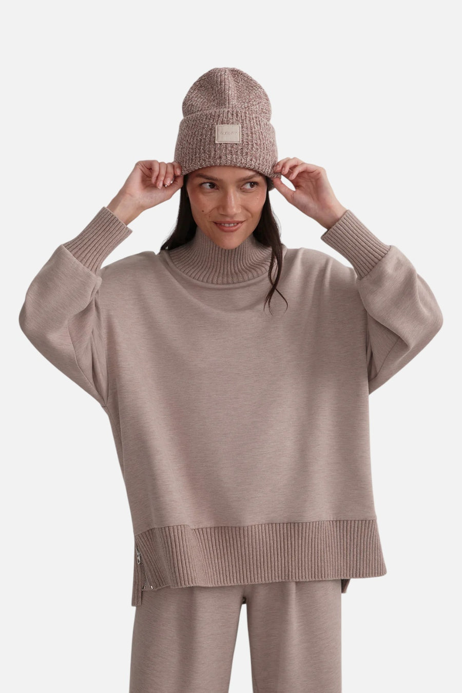 Varley Women's Barker High Neck Sweat in Taupe Marl – on model