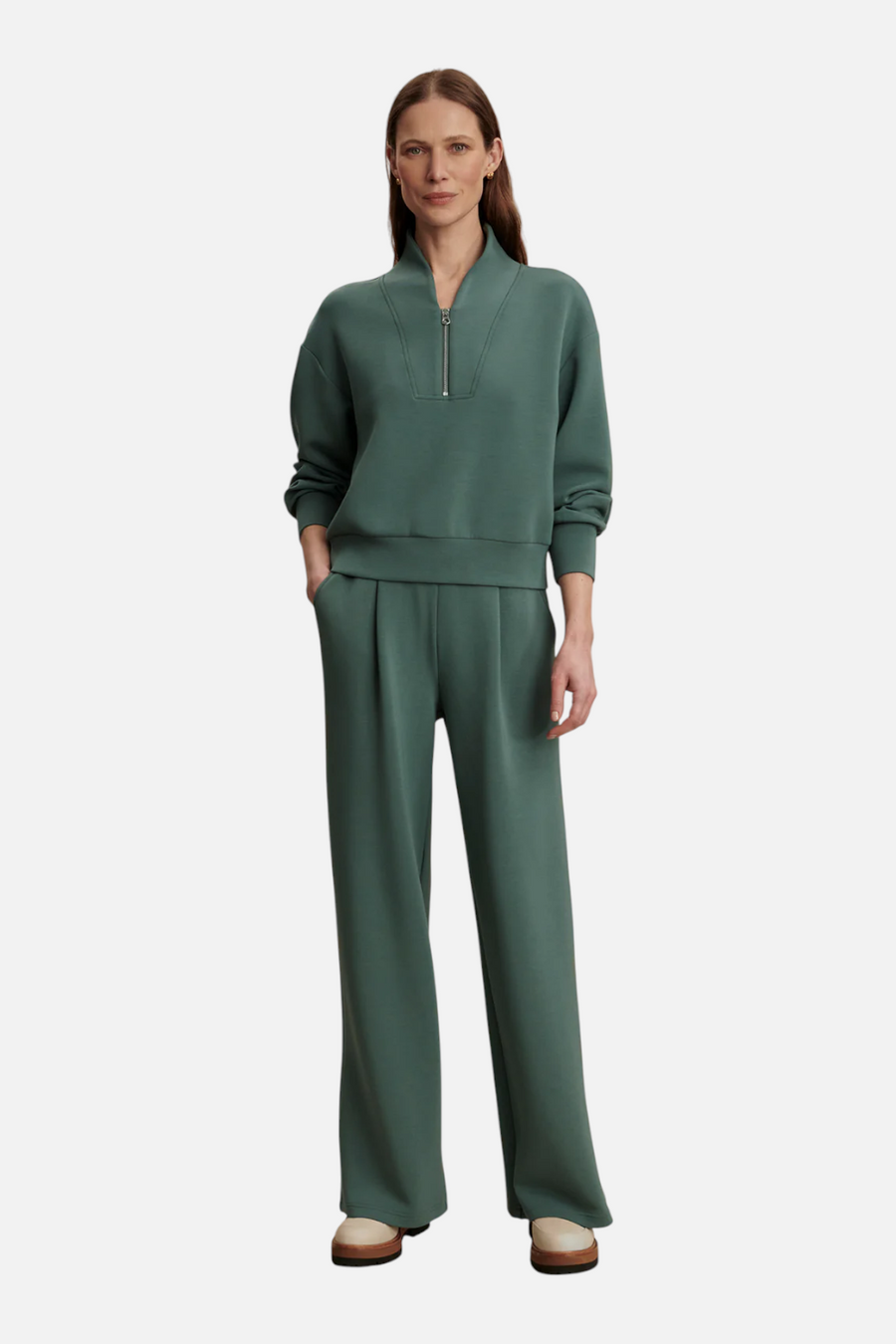 Varley Women's Extra Wide Leg 29.5" Pant in Dark Forest – front view