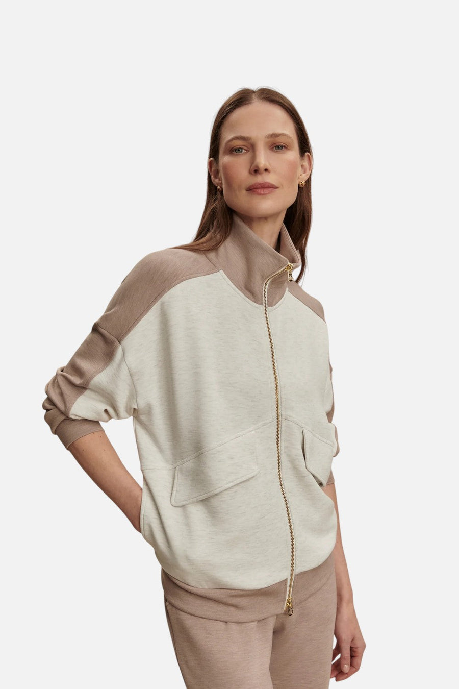 Varley Women's Garcia 2 Tone Zip Thru Sweat in Ivory Marl & Taupe Marl – front view