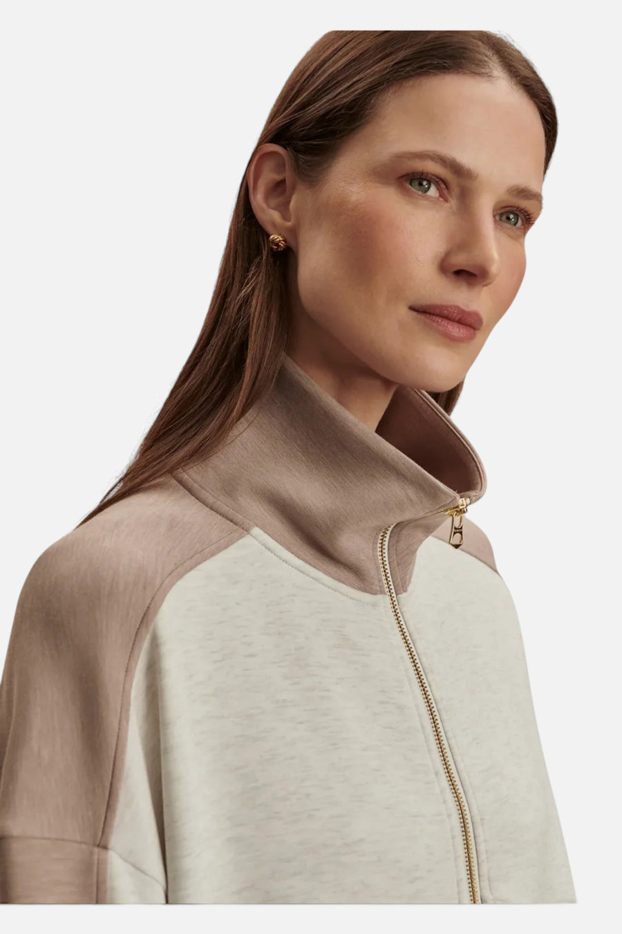 Varley Women's Garcia 2 Tone Zip Thru Sweat in Ivory Marl & Taupe Marl – side view