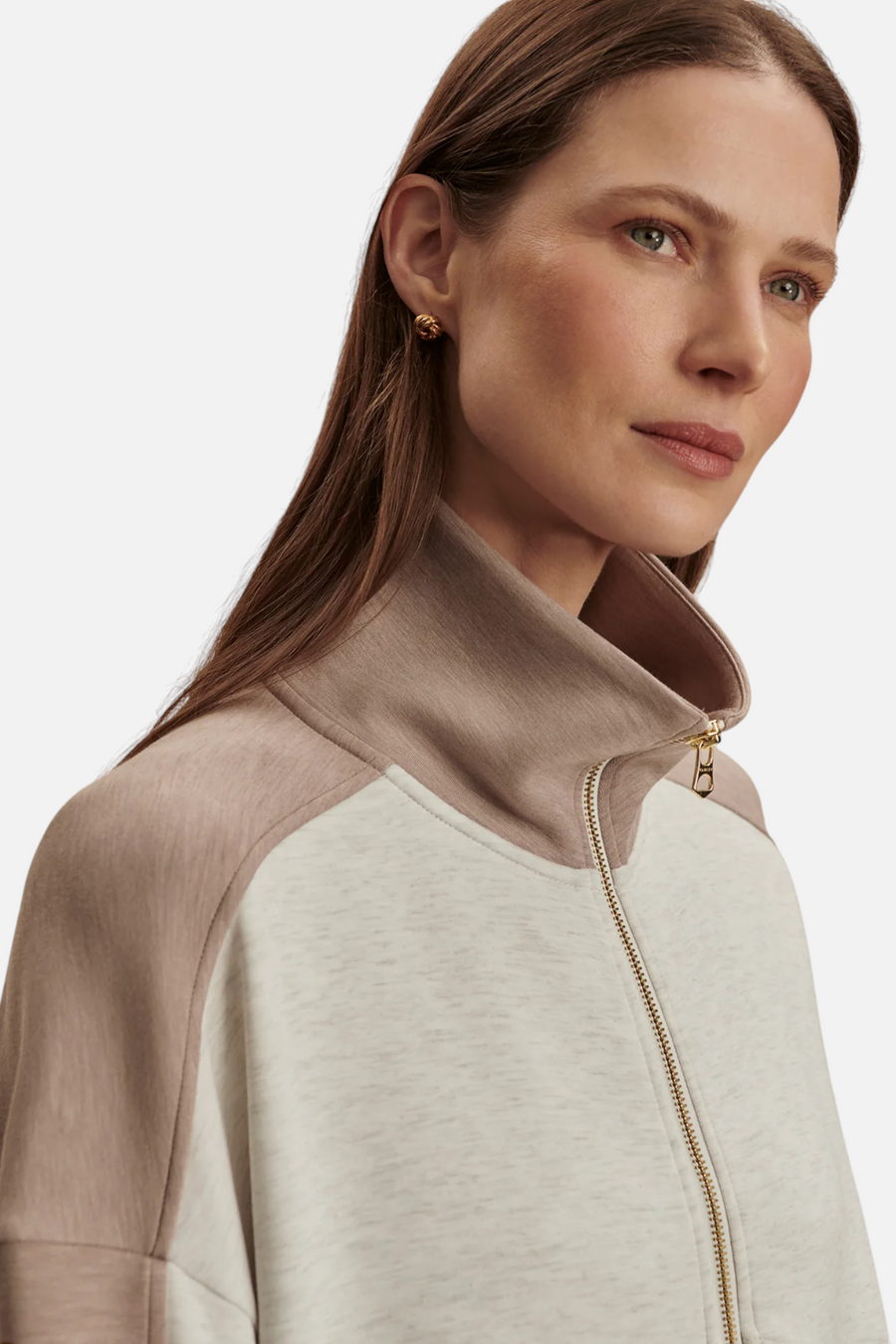 Varley Women's Garcia 2 Tone Zip Thru Sweat in Ivory Marl & Taupe Marl – side view