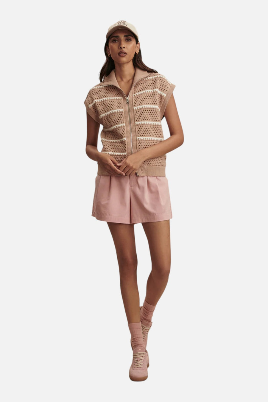 Varley Women's Haney Zip Through Knit in Light Taupe – on model