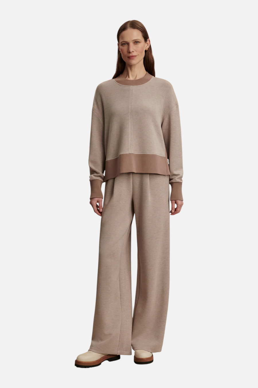 Varley Women's Philippe Crop Sweat Top in Taupe Marl & Ginger Snap – front view