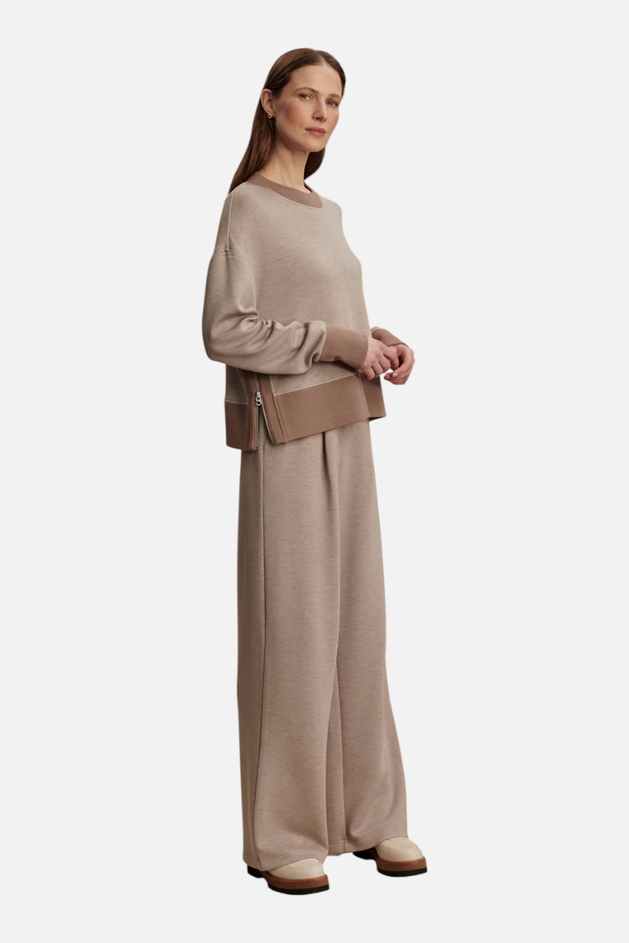 Varley Women's Philippe Crop Sweat Top in Taupe Marl & Ginger Snap – side view