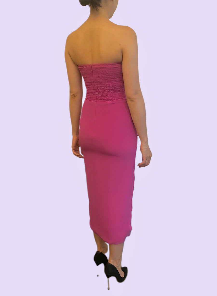 Vera Strapless Ruched Slit Dress in Fuschia – back view