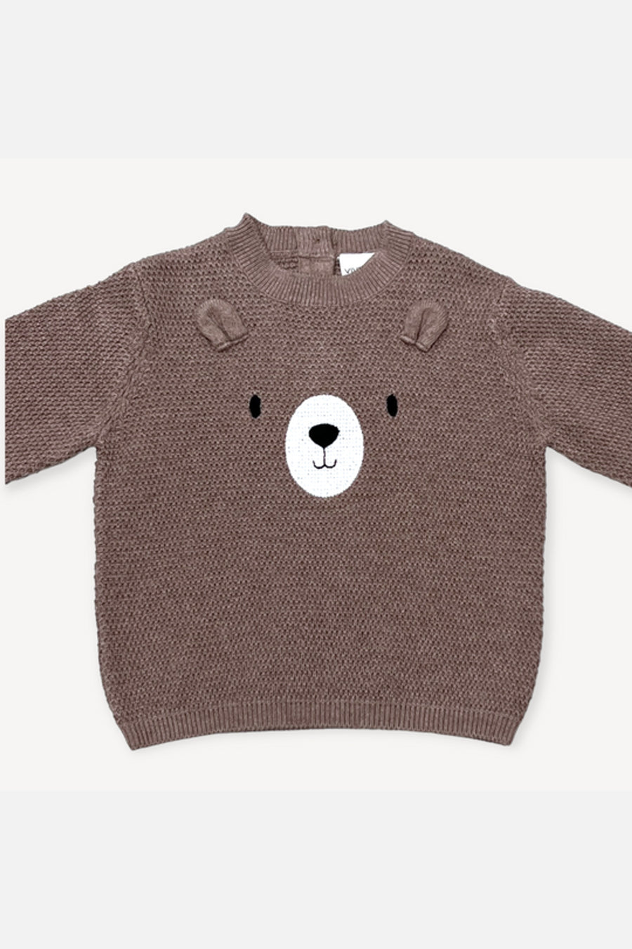 Viverano Bear Embroidered Knit Baby Pullover Sweater in Cafe Latte – back view