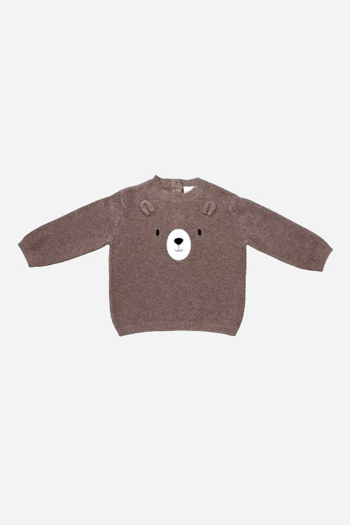 Viverano Bear Embroidered Knit Baby Pullover Sweater in Cafe Latte – front view
