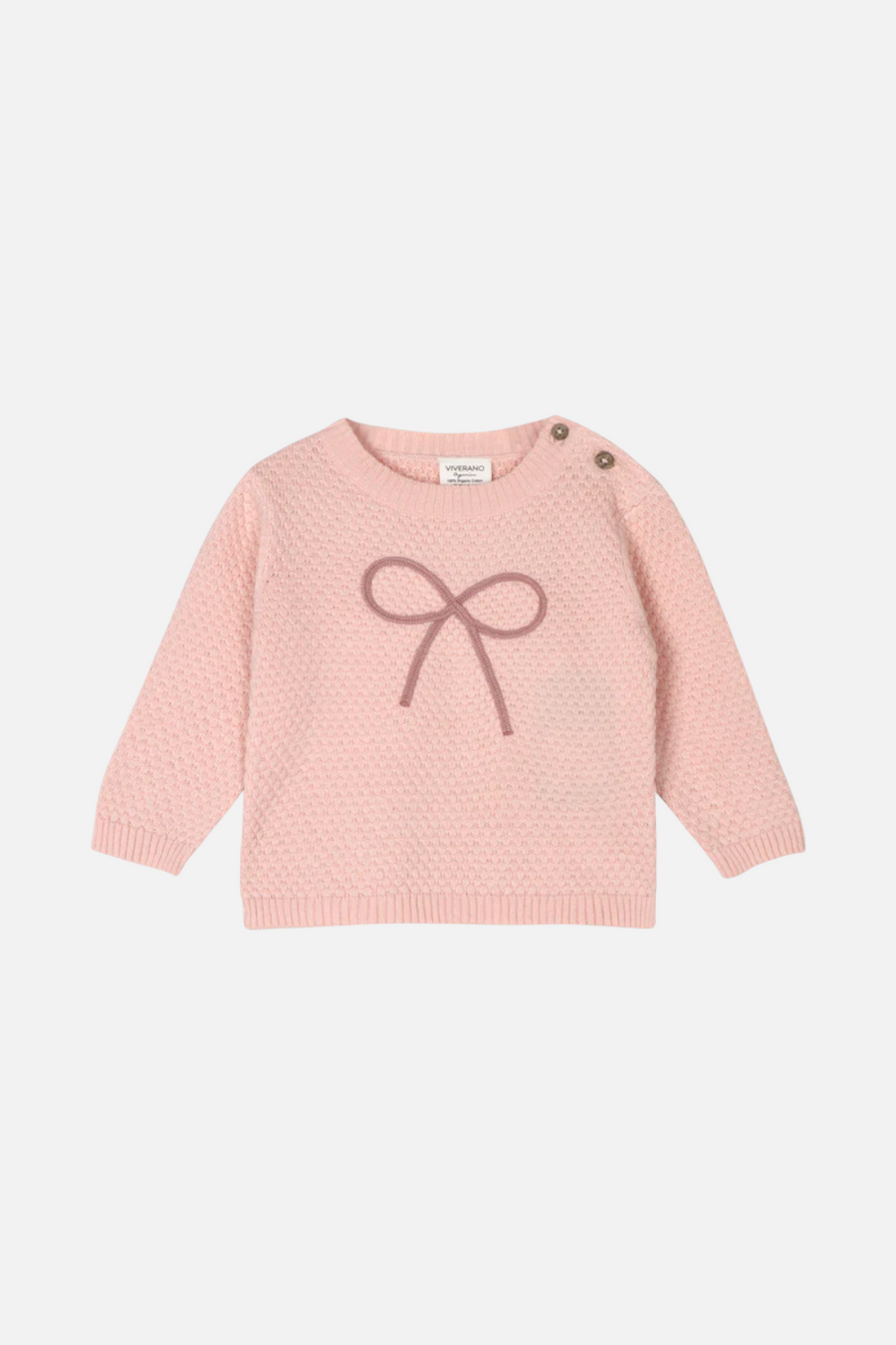 Viverano Chloe Bow Sweater Knit Baby Pullover in Pink – front view