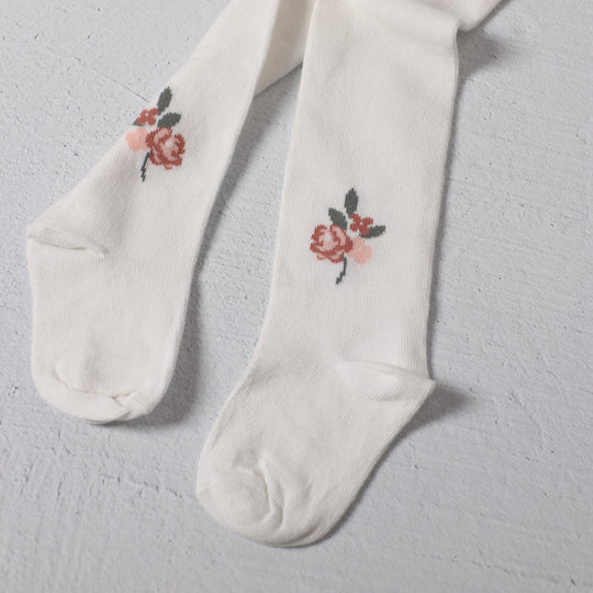 Viverano Fine Knit Baby Girl Tights in Soft White Floral – back view
