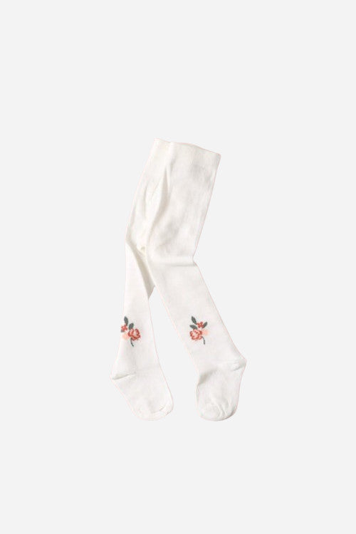 Viverano Fine Knit Baby Girl Tights in Soft White Floral – front view