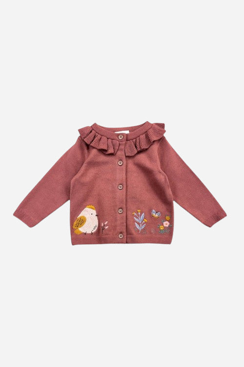 Viverano Floral Bird Embroidered Baby Knit Cardigan – front view