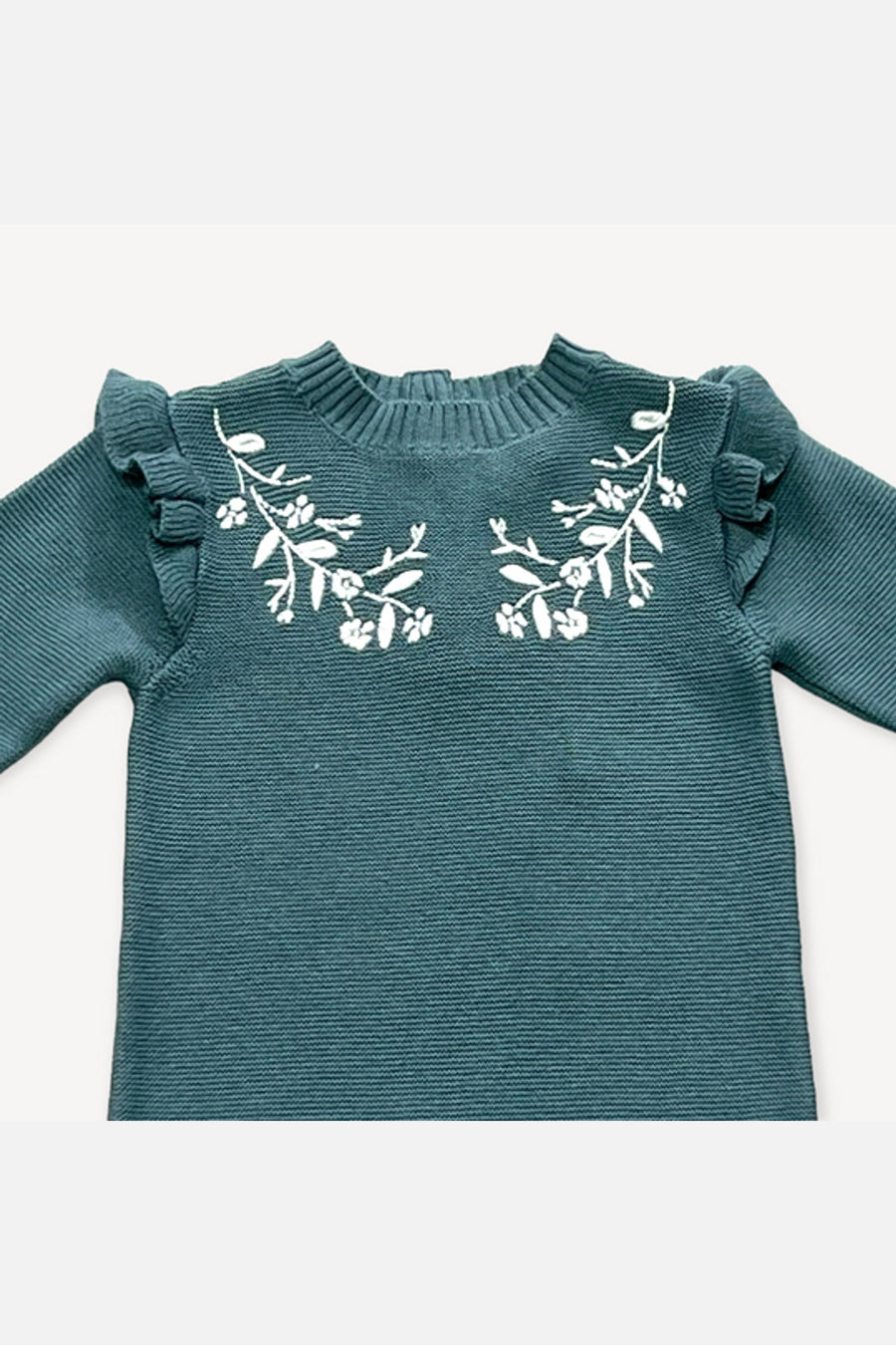Viverano Floral Embroidered Ruffle Baby Knit Jumpsuit – back view