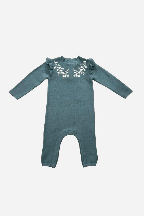 Viverano Floral Embroidered Ruffle Baby Knit Jumpsuit – front view