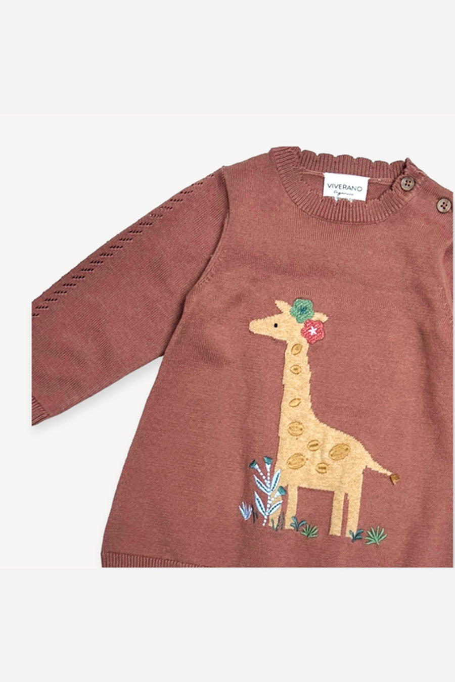Viverano Giraffe Jacquard Pointelle Baby Sweater Knit Dress – back view
