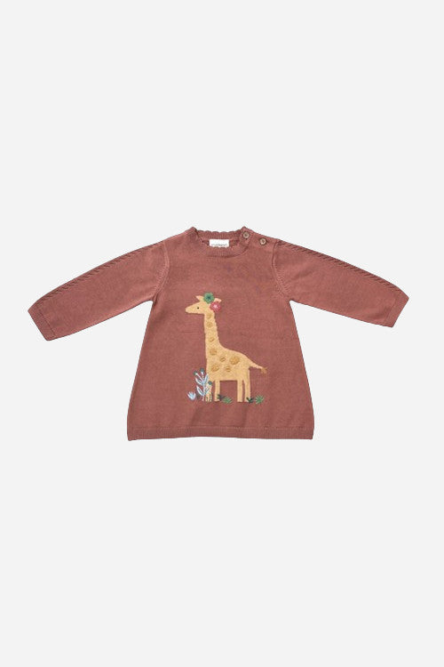 Viverano Giraffe Jacquard Pointelle Baby Sweater Knit Dress – front view