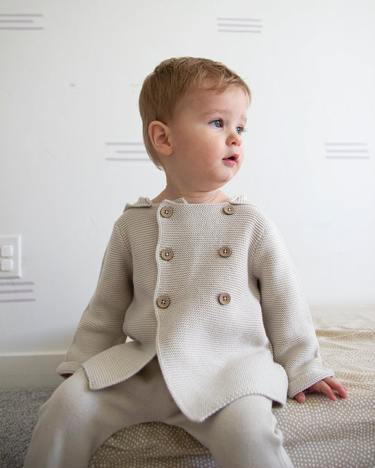 Viverano Hooded Double Button Baby Coat Jacket in Stone – back view