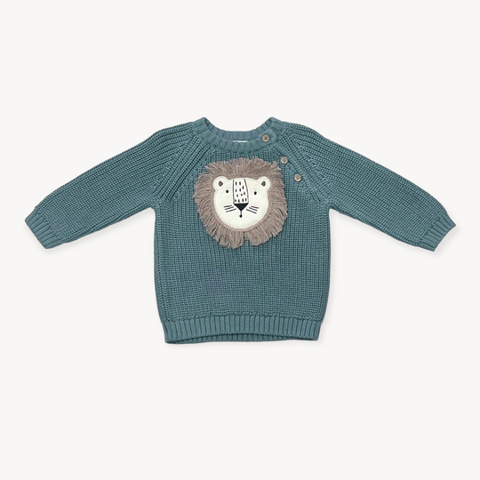 Viverano Lion Applique Baby Pullover Sweater Knit in Teal Blue – back view