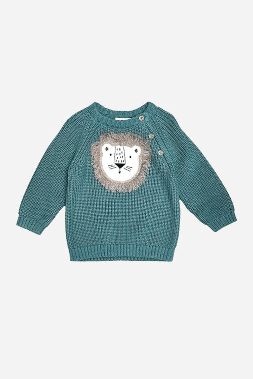 Viverano Lion Applique Baby Pullover Sweater Knit in Teal Blue – front view