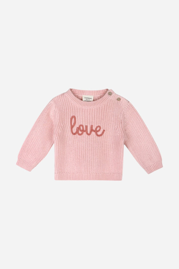 Viverano Love Embroidered Chunky Knit Baby Sweater in Pink