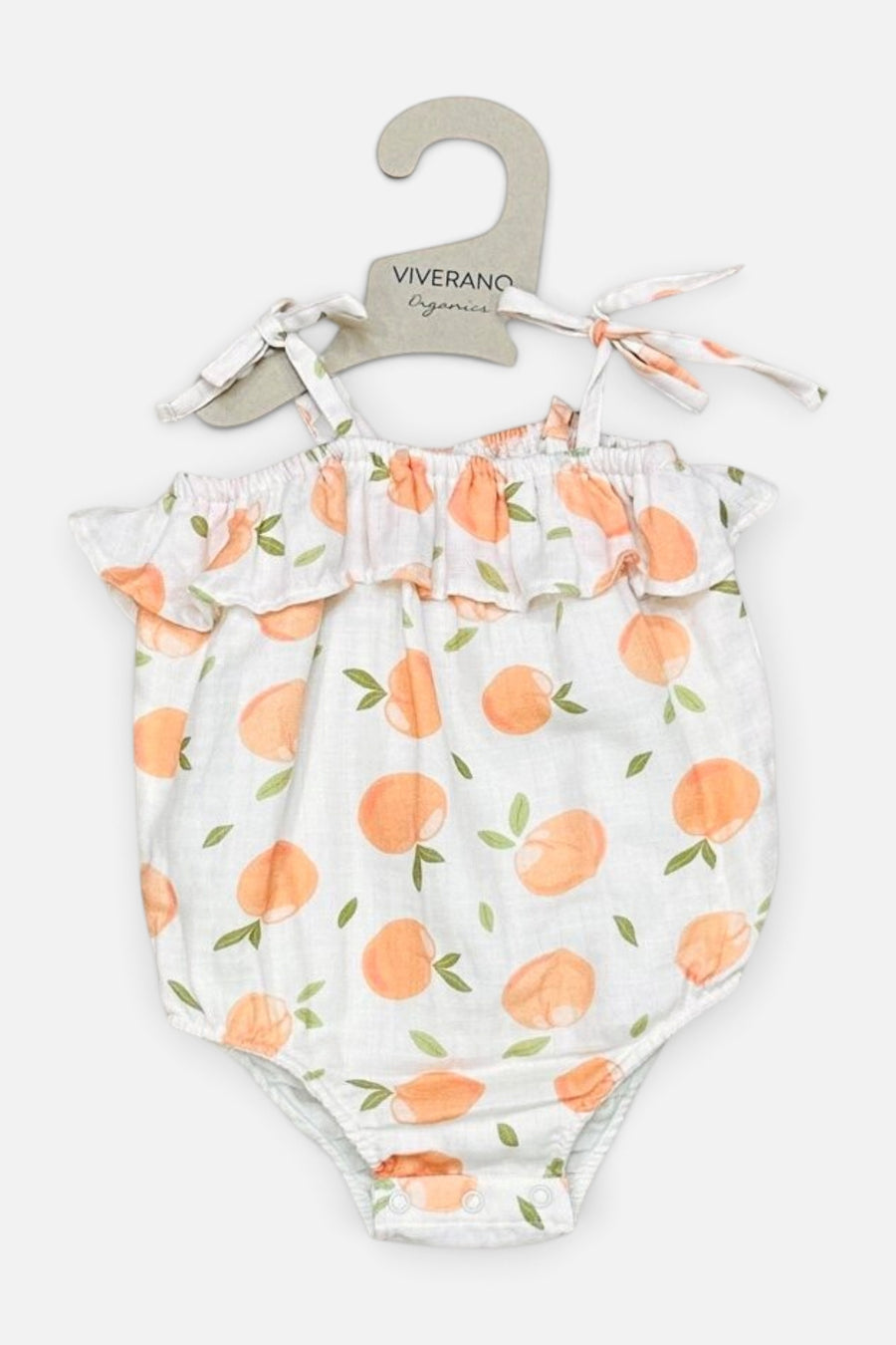 Viverano Peaches Shoulder Tie Bubble Romper + Headband in Natural – back view
