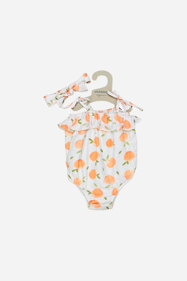 Viverano Peaches Shoulder Tie Bubble Romper + Headband in Natural