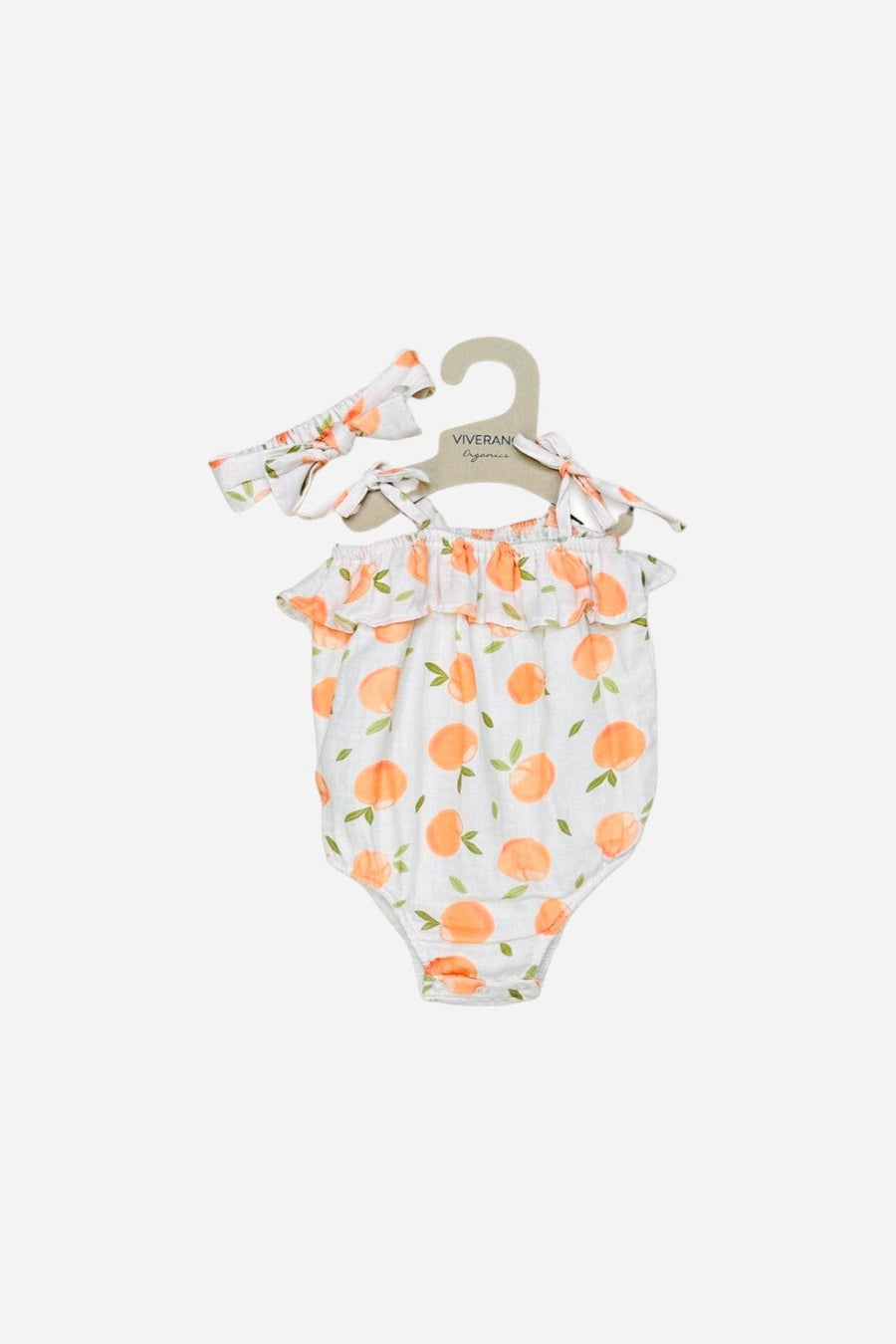 Viverano Peaches Shoulder Tie Bubble Romper + Headband in Natural – front view