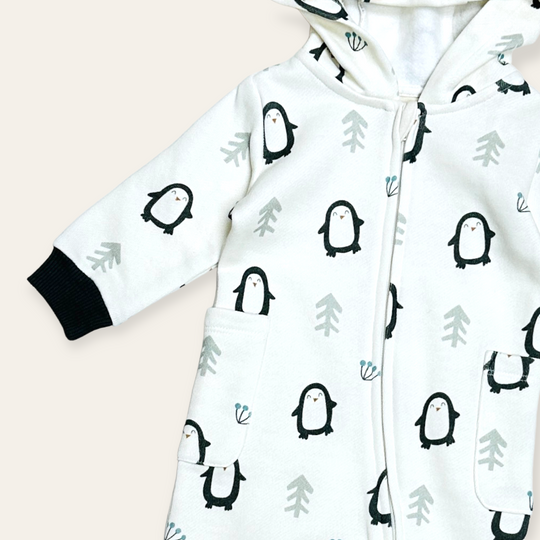 Viverano Penguin Fleece Zipper Hooded Baby Jumpsuit – back view