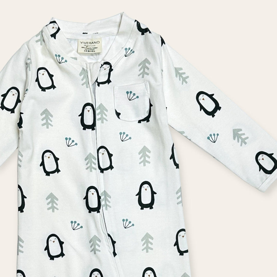 Viverano Penguin Zipper Baby Coverall Jumpsuit in Natural – back view
