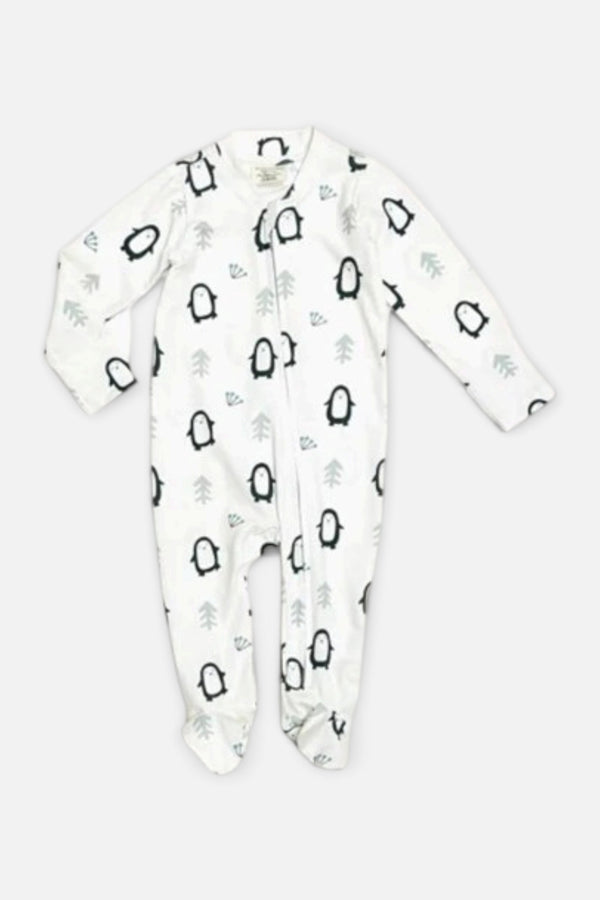 Viverano Penguin Zipper Footie Baby Romper in Natural