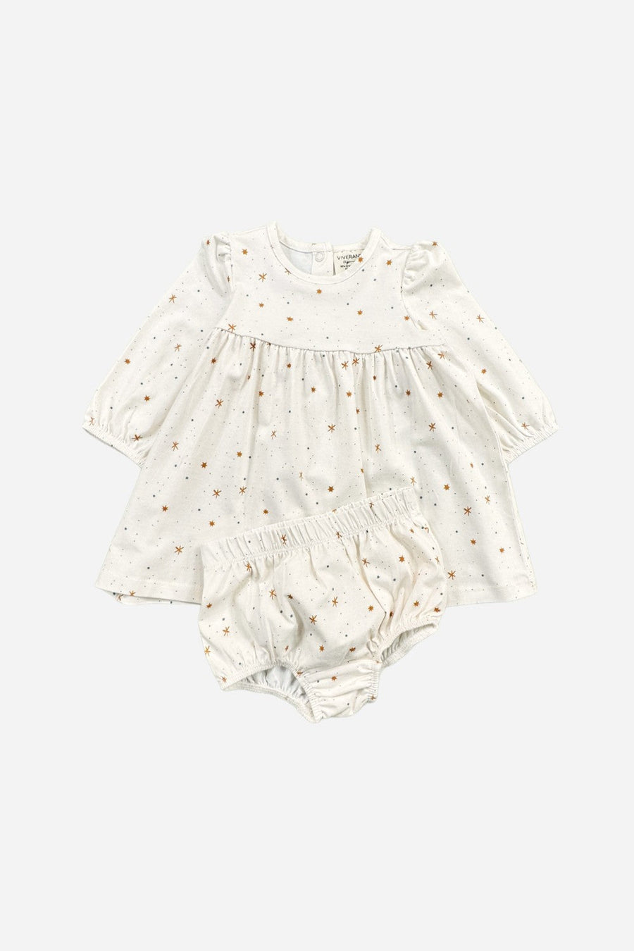 Viverano Stars Flare Baby Girl Dress + Bloomer Set in Natural – front view