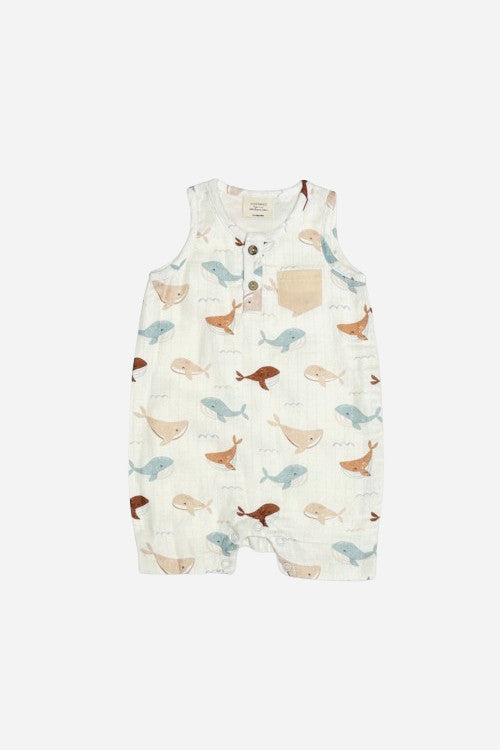 Viverano Whales Henley Baby Short Romper – front view