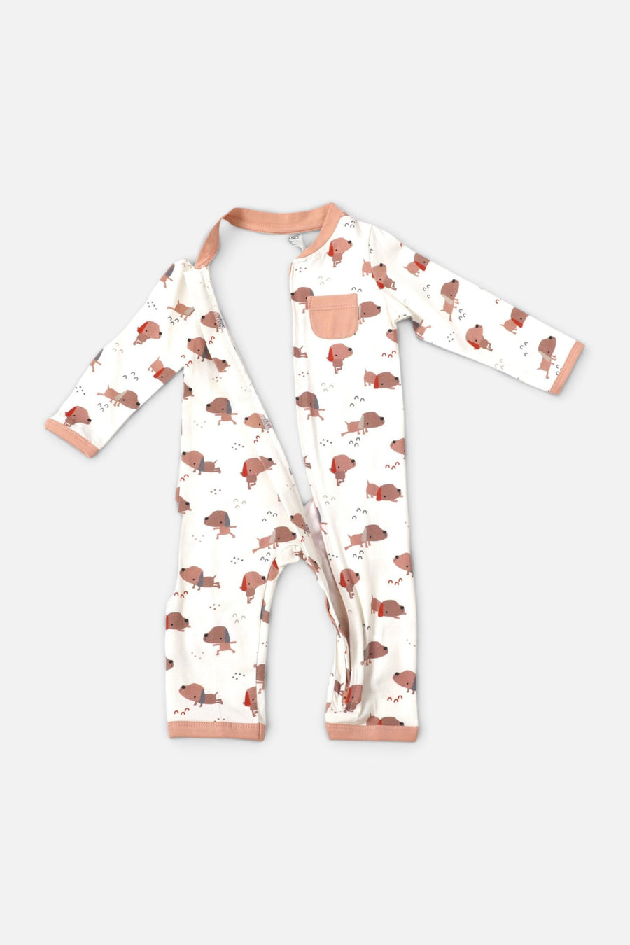 Viverano Yoga Dog Pocket & Zipper Baby Jumpsuit in Natural – back view